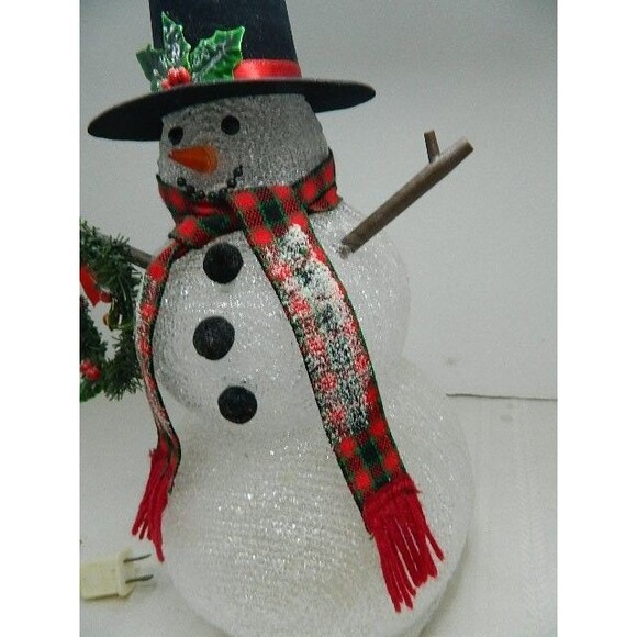 Vintage 13" Light Up Snowman w/Top Hat & Wreath Stick Arms & Scarf - Picture 4 of 12